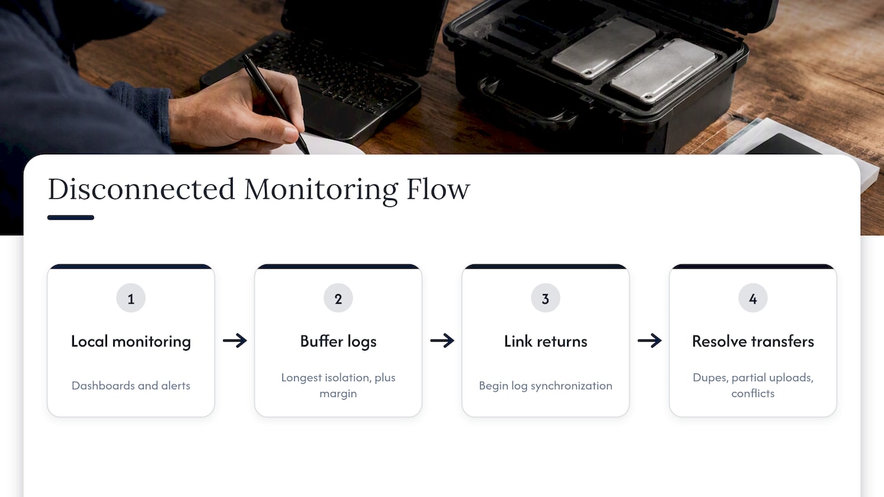 Offline monitoring and log synchronization flow