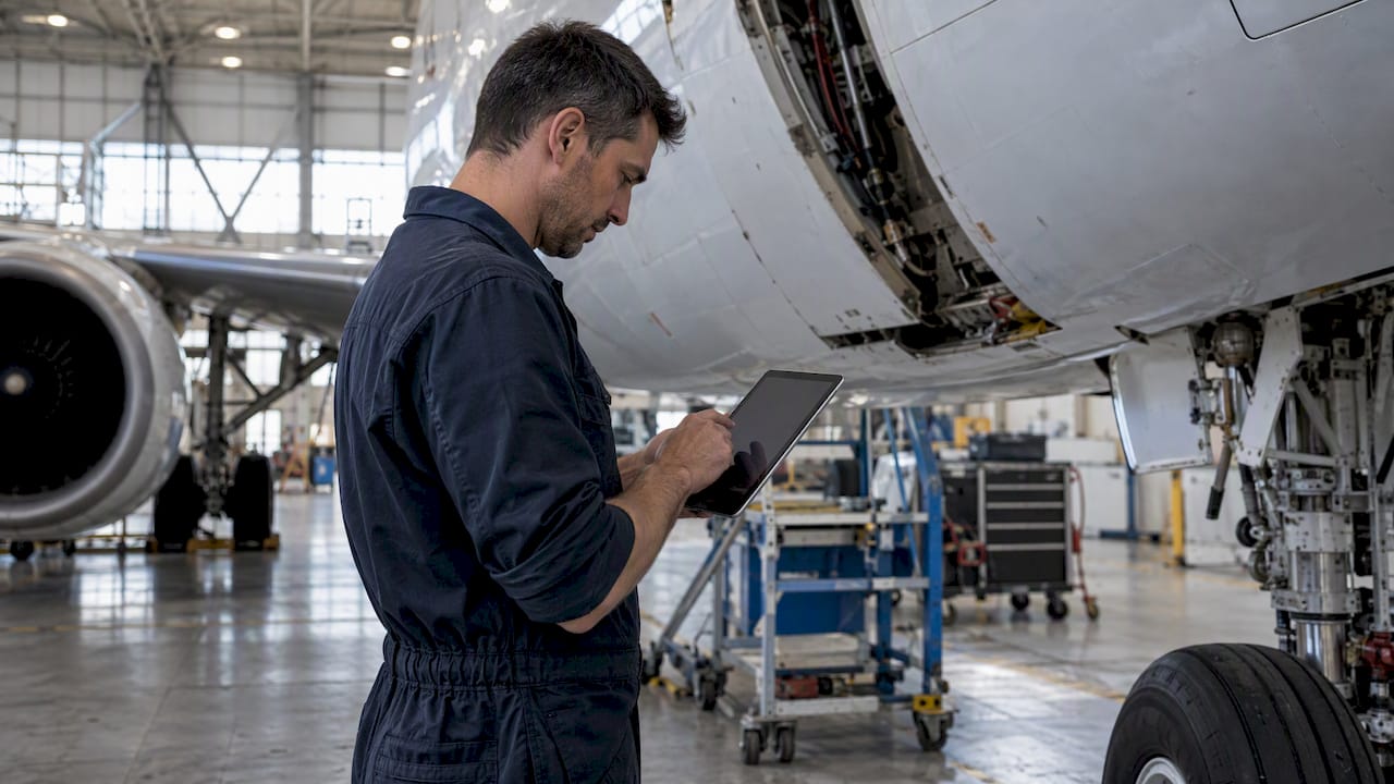 Technician checks an offline manual in a hangar