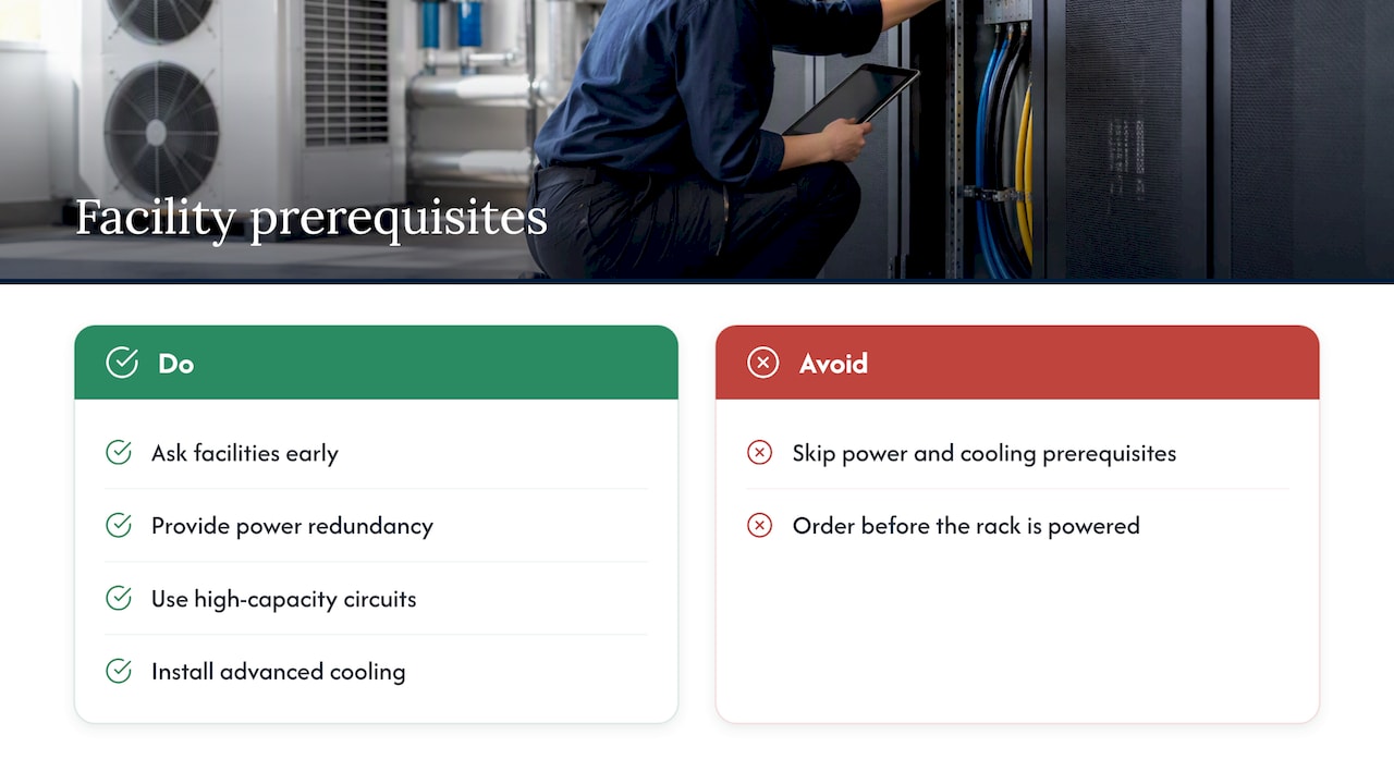 Power, circuit, and cooling requirements for GPU racks